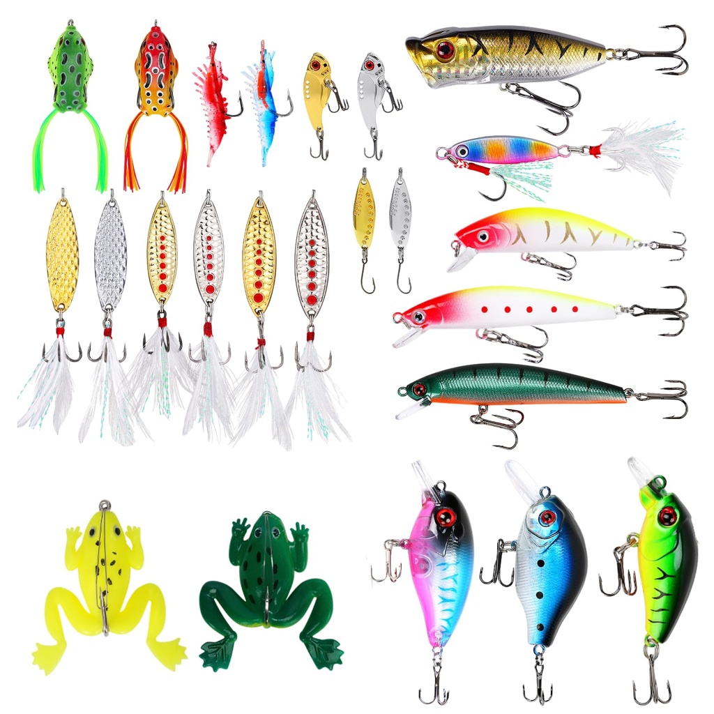 24 Pcs Fishing Lures Mixed Including Frogs, Minnows,Glitter,Vibs, Wave Crawlers,Fishing Gif
