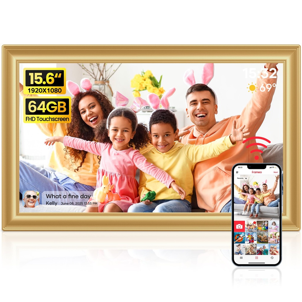64GB Frameo WiFi Digital Photo Frame 15.6 Inch Golden - 1920 * 1080P FHD IPS Touch Screen P