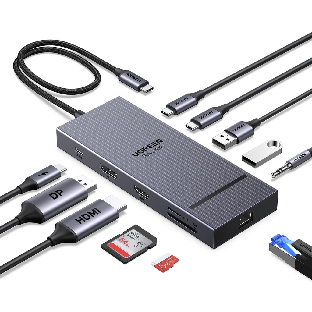 UGREEN Revodok Pro Docking Station (11-in-1), Dual 4K@60Hz HDMI+DP, 4K@120Hz DisplayPort, 2Ã