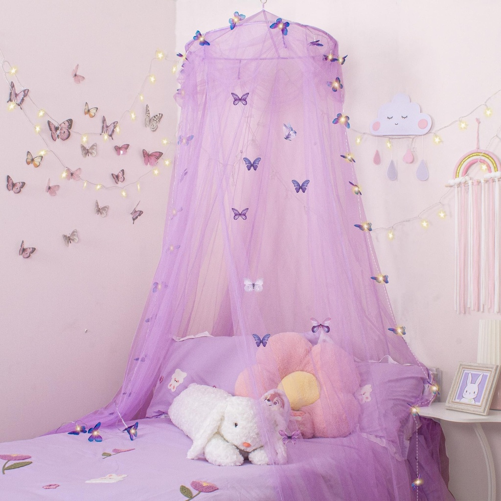 Temopow Purple Petals Bed Canopy with Color Butterfly Light Mosquito Net - Fits Full Crib,