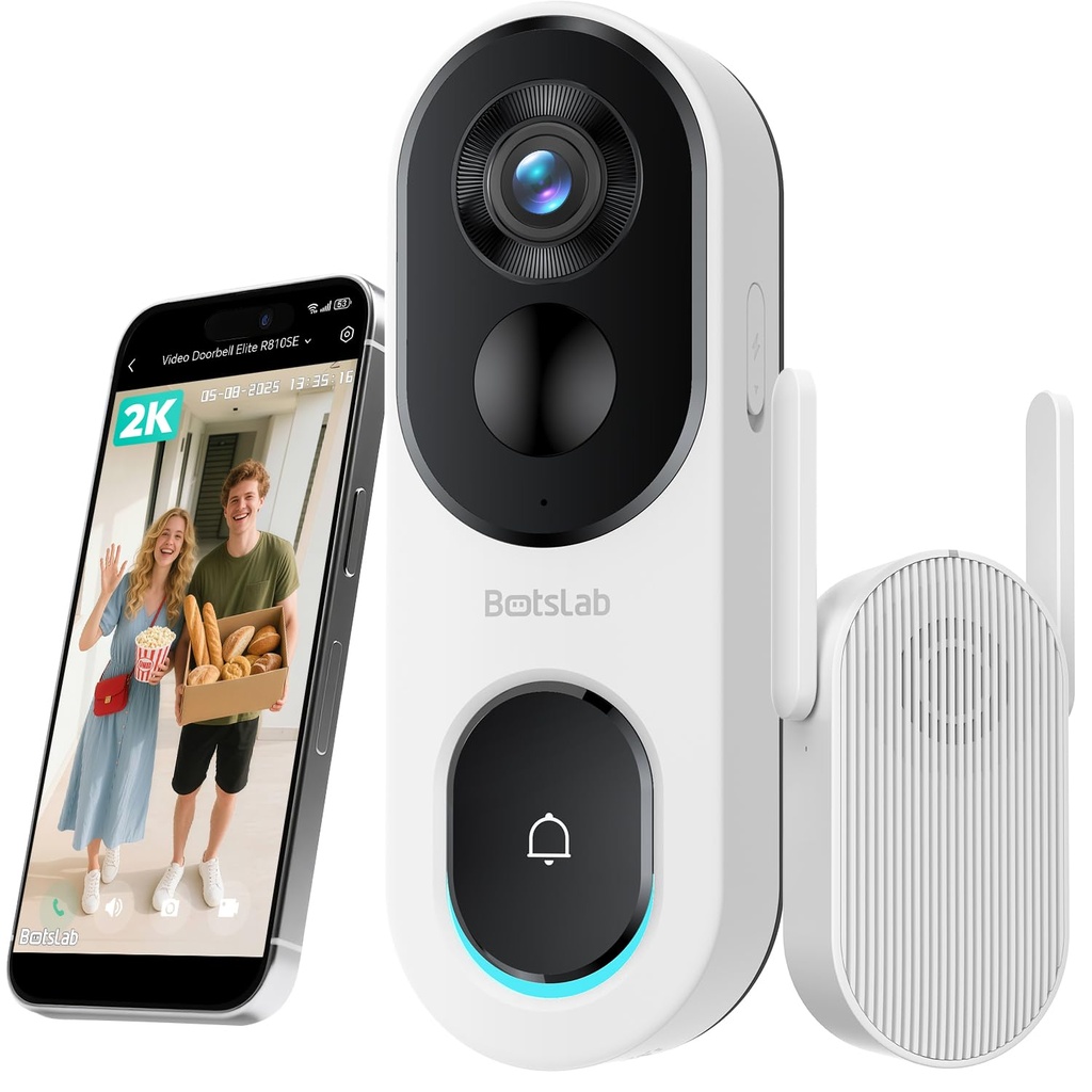 BOTSLAB 2K Video Doorbell Camera Wireless, No Subscription, Head-to-Toe View, 5200mAh Batte