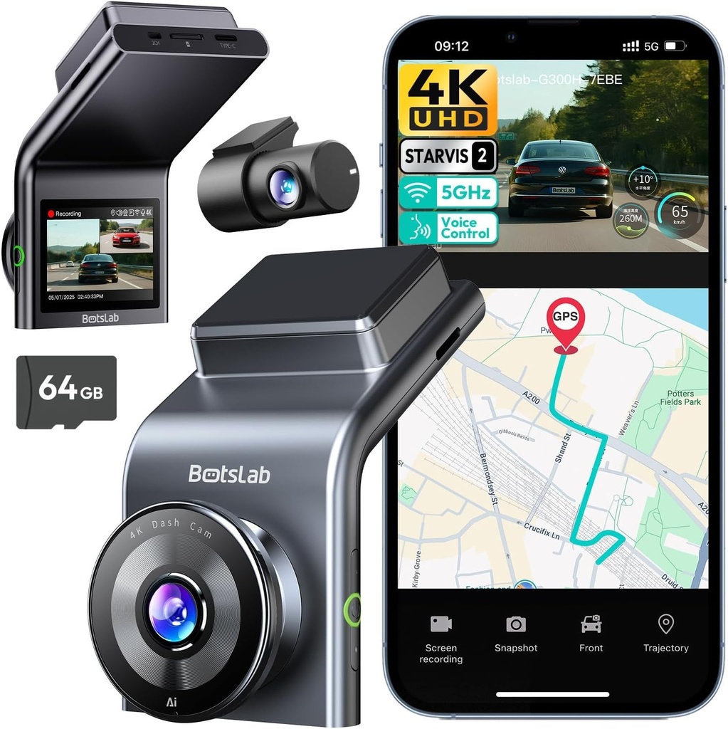 BOTSLAB 4K Dual Dash Cam Front and Rear, STARVIS 2 Sensor, Built in GPS, Voice Control