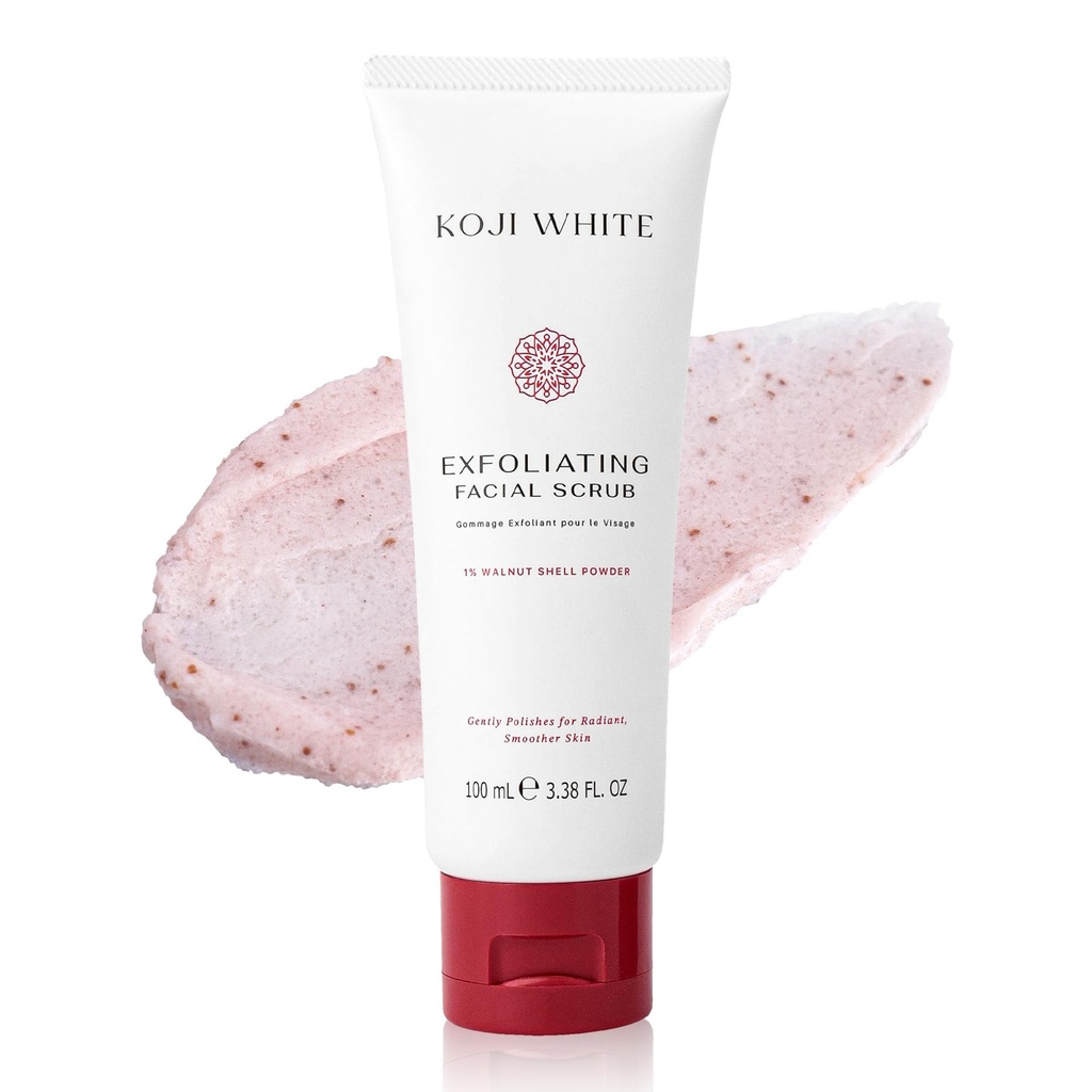 Koji White Exfoliating Facial Scrub, Gentle Face Wash with 1% Walnut Shell Powder, AHA, Koj