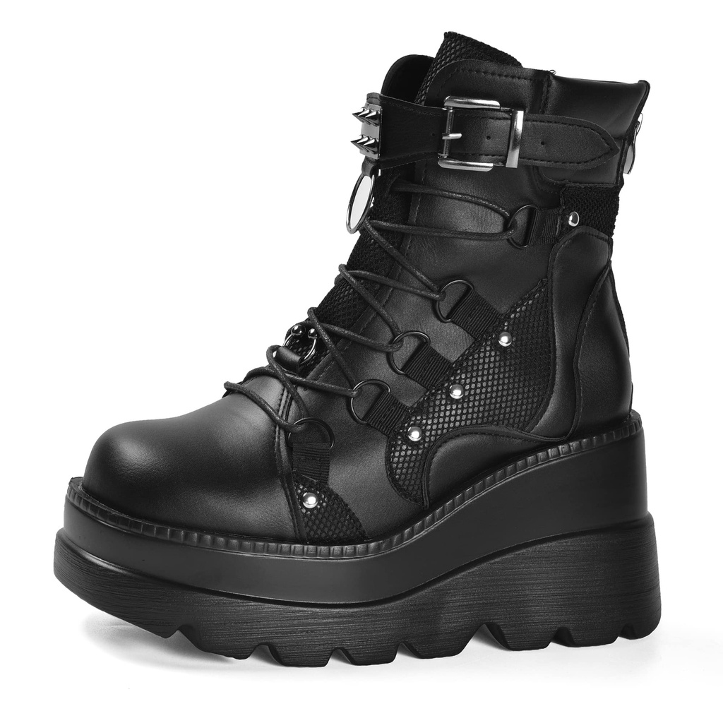 Gothniero Women Black Platform Boots Chunky Heel Combat Ankle Goth Rave Motorcycle Booties