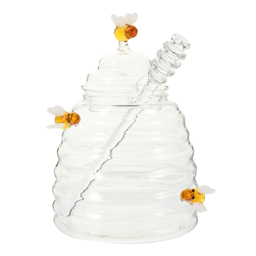 DOITOOL Glass with Dipper Sticks - 1set Beehive Honey Pot and Dispenser - Clear Sauce Jar a