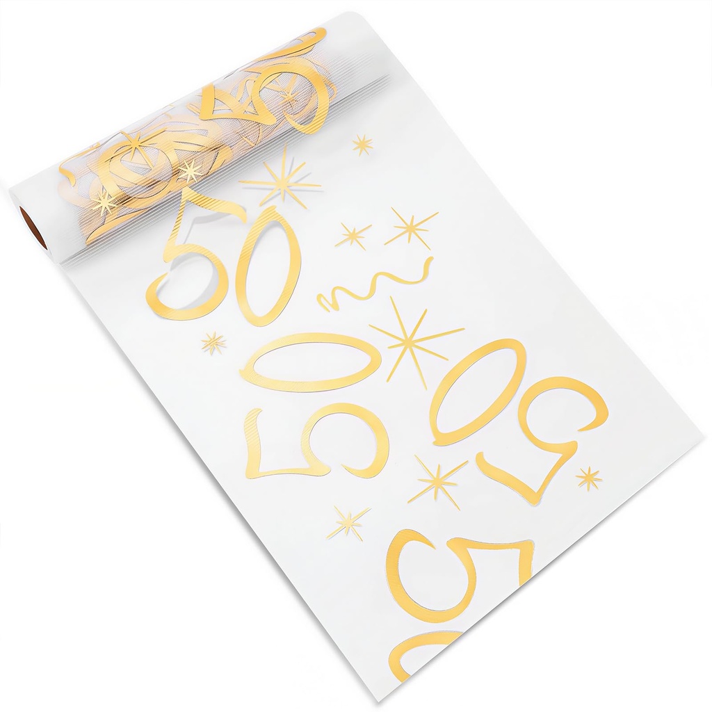 50th Birthday Table Runner, 28cm x 10m 50th Happy Birthday Transparent Mesh Table Decoration