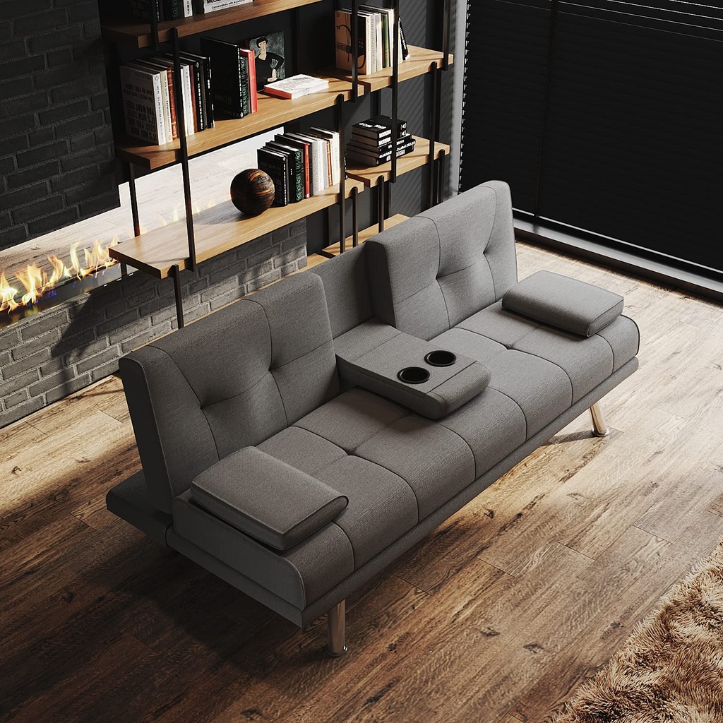 ELEGANT Modern Dark Gray Fabric Sofa Bed with 2 Cup Holders & Removable Pillow 