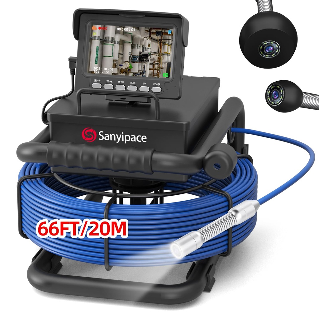 Sanyipace Sewer Camera 20M, 4.3" Pipe Inspection Camera with Light, DVR & Audio Recorder