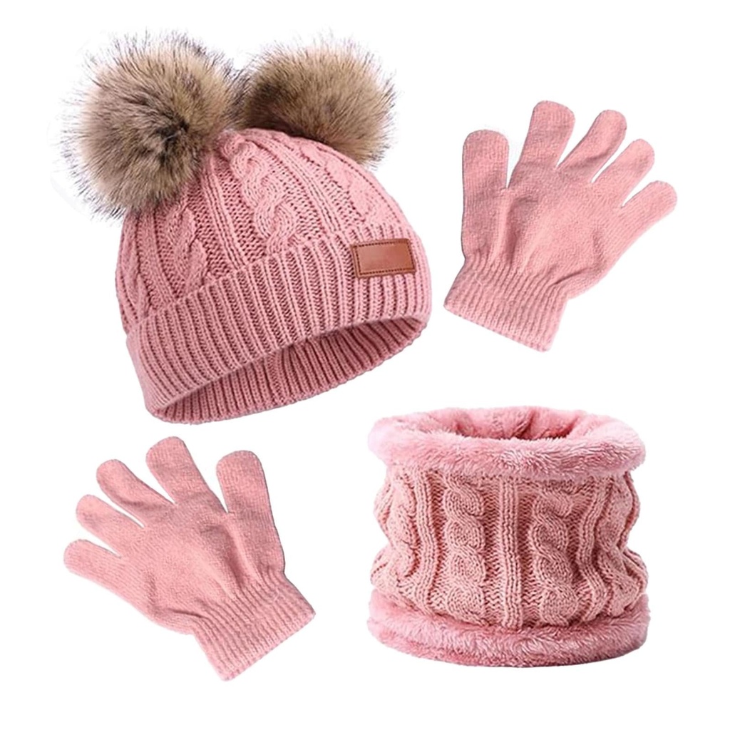 3 Pcs Kids Winter Hat Scarf Gloves Set, Knit Crochet Thick Warm Fluffy Beanie Hat Scarf and