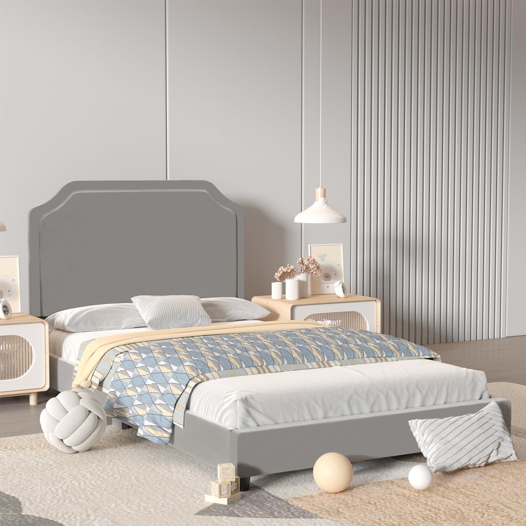DGBAOBEI Velvet Wooden Kids Bed, Single Children Bed Frame with Headboard and Footboard, So