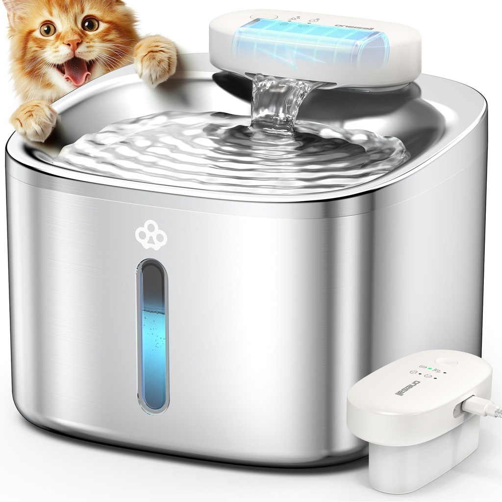 oneisall Wireless Cat Water Fountain for Drinking,3.5L Stainless Steel Cat Fountain