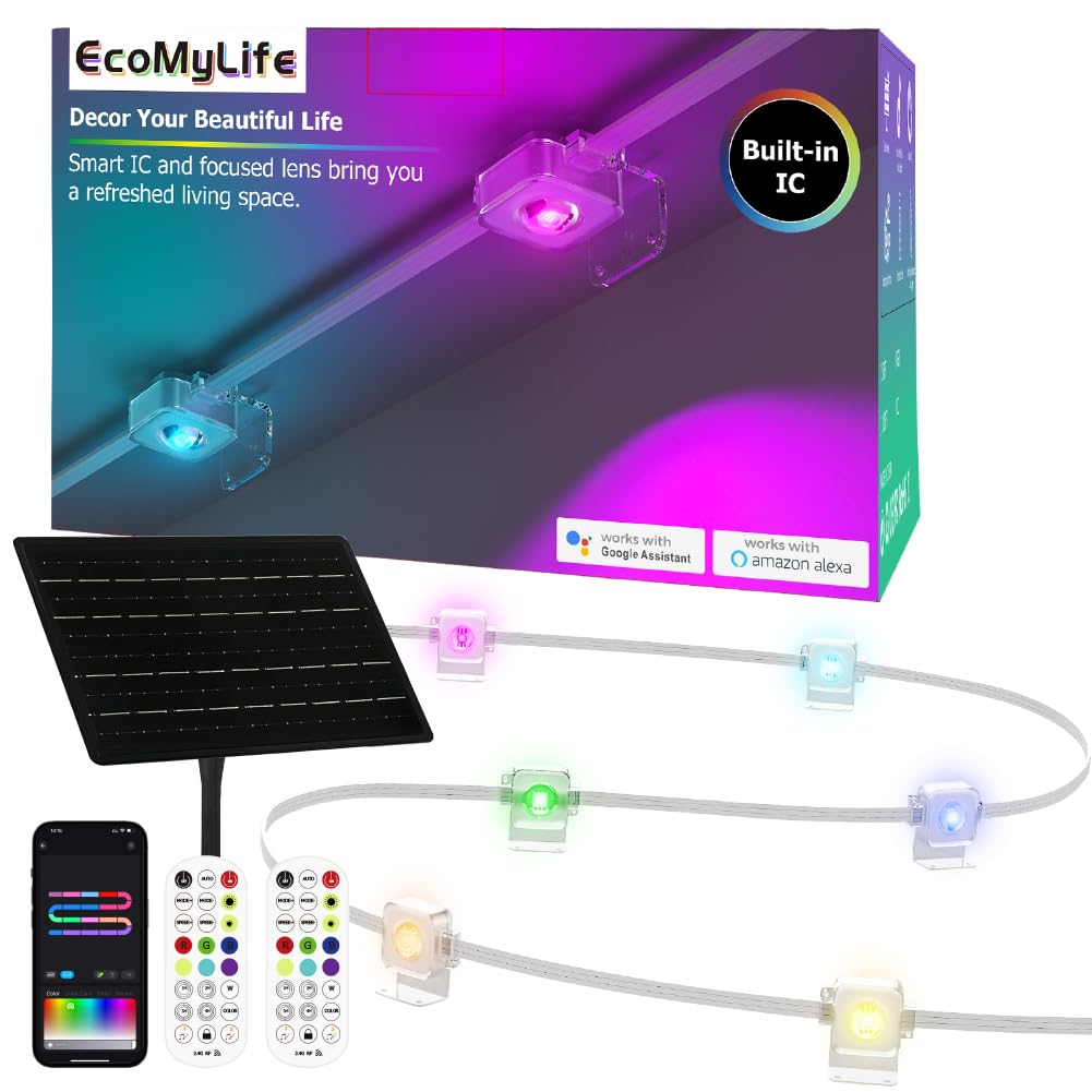 50ft Solar Permanent Outdoor Light, Smart RGB Plus IC Outside Lights for House, App/Remote