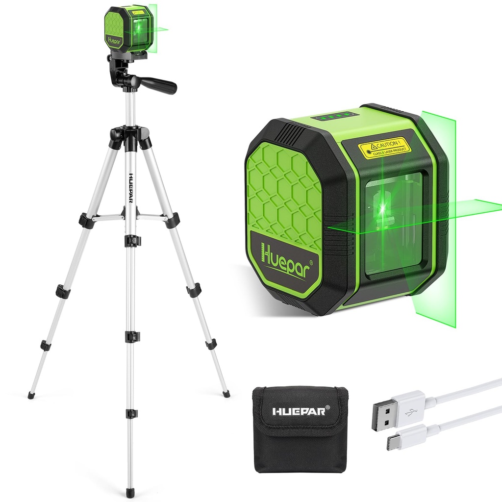 Laser Level with 100cm Tripod, HUEPAR 30m Rechargeable Self Leveling Laser Level Green Cross