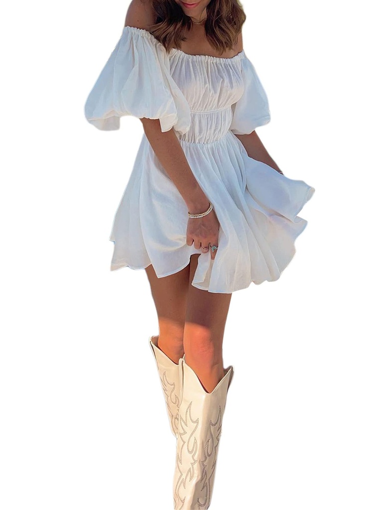 Fiacafyo Women Puff Sleeve Lace-up Fairy Tunic Elegant Off-Shoulder Party Dress Elastic Wais
