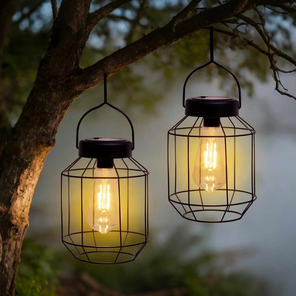 Solar Lights Outdoor Garden, 2 Pack Metal Solar Lanterns for Outside, Waterproof Hanging Sol