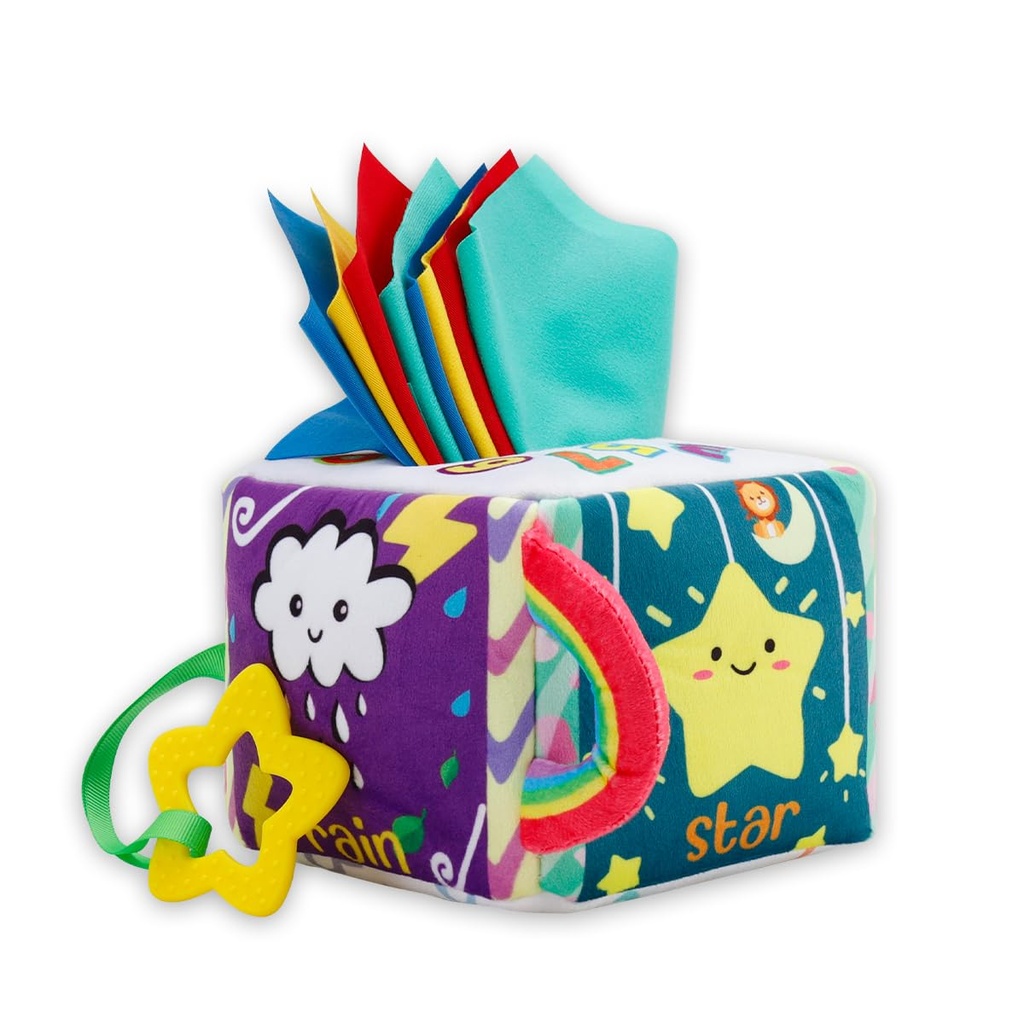 Vamotto Tissue Box Toy for Baby, Montessori Sensory Pull Toy with 12 Durable Cloth Scarves &