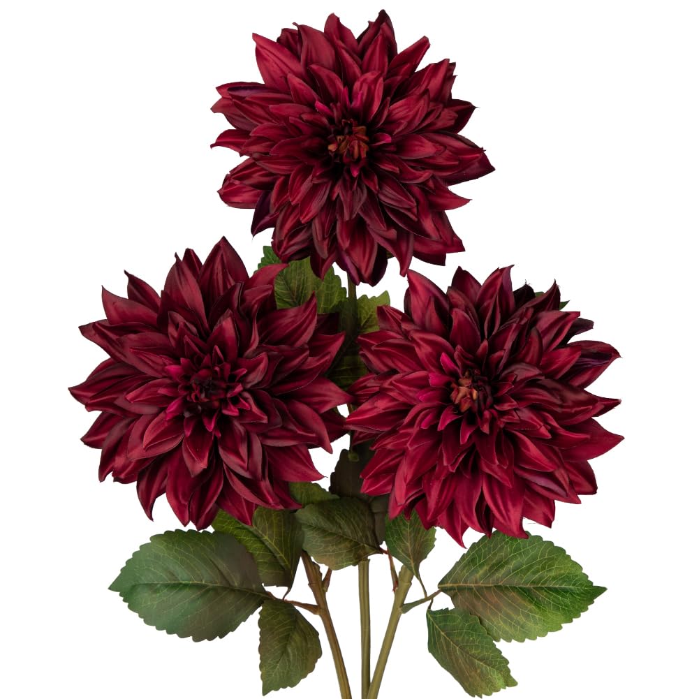 7.5'' Large Artificial Dahlia Flowers with Long Stems, 3pcs Dark Red Fake Flowers Faux Dahli
