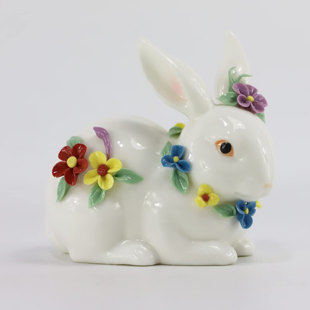 SYNWISH Porcelain White Bunny Rabbit with Handmade Flowers Figurine Weddings Crafts Gifts,