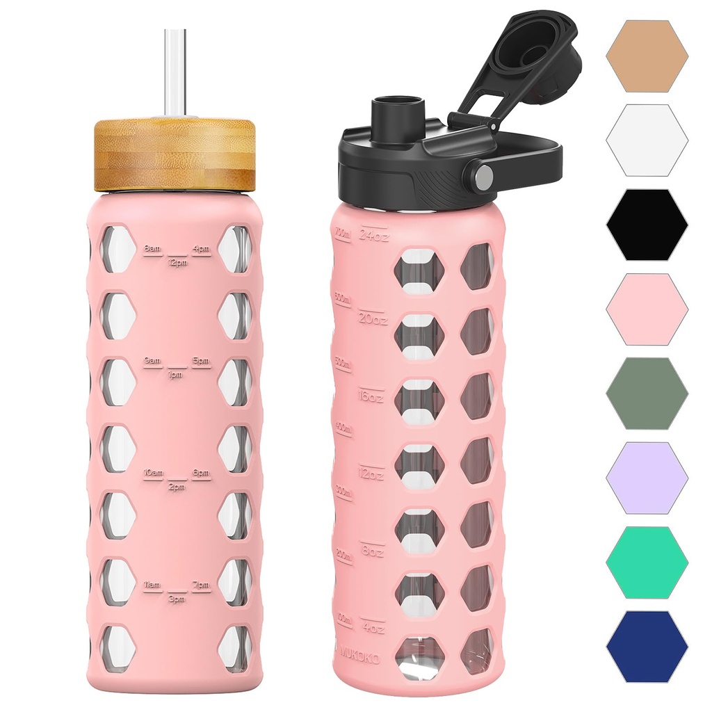 HYDRAGLAZIC 700ML Glass Water Bottle with 2 Flip and Bamboo Straw Lids Sports Water Tumbler
