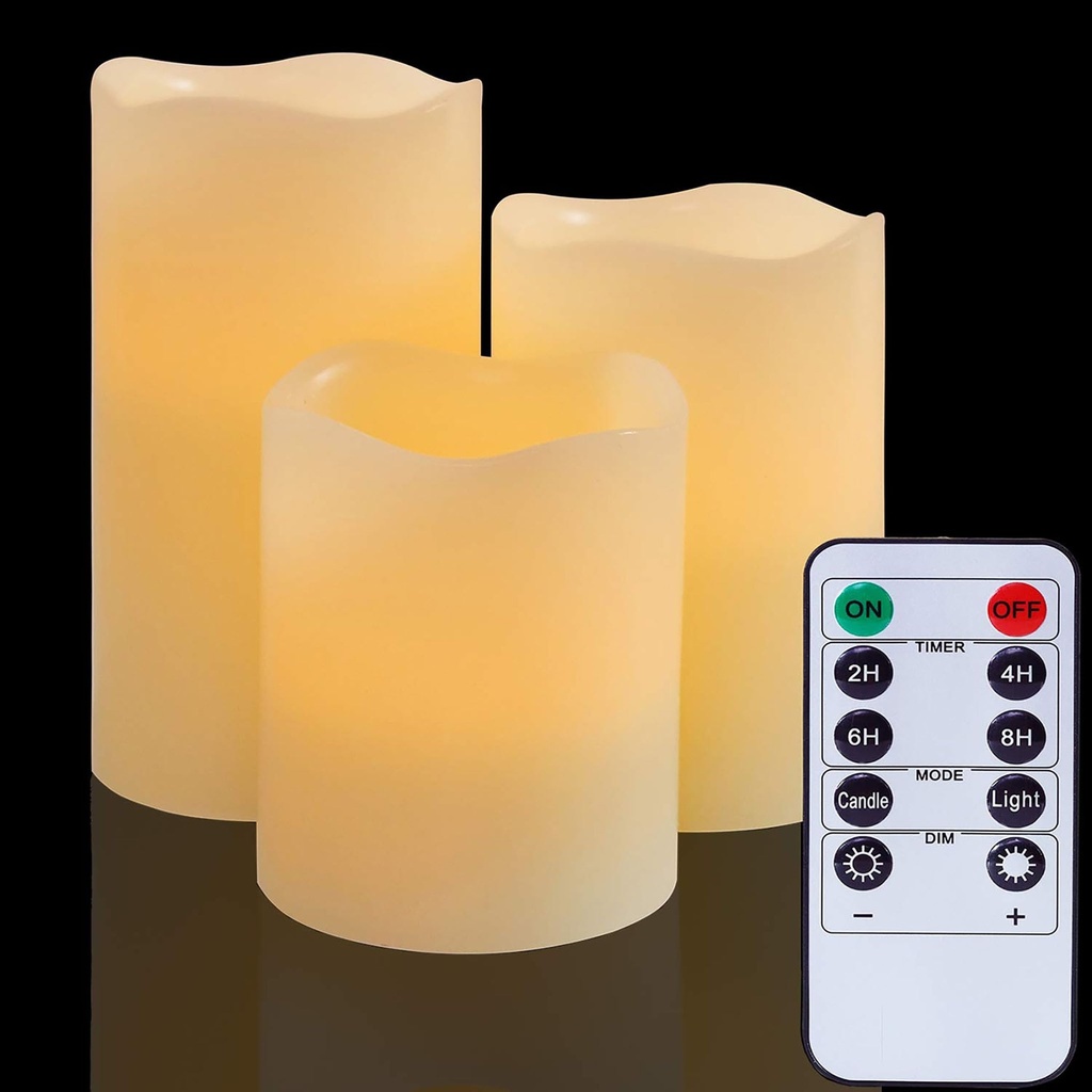 Flameless Battery Operated LED Candles Real Wax Pillar with Remote Control Flickering Elect