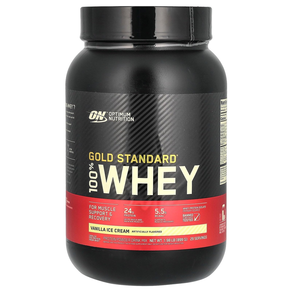 Optimum Nutrition 100 Percent Whey Gold Standard Sports Supplements, 908 g, Vanilla Ice Cream BBE - 09/26