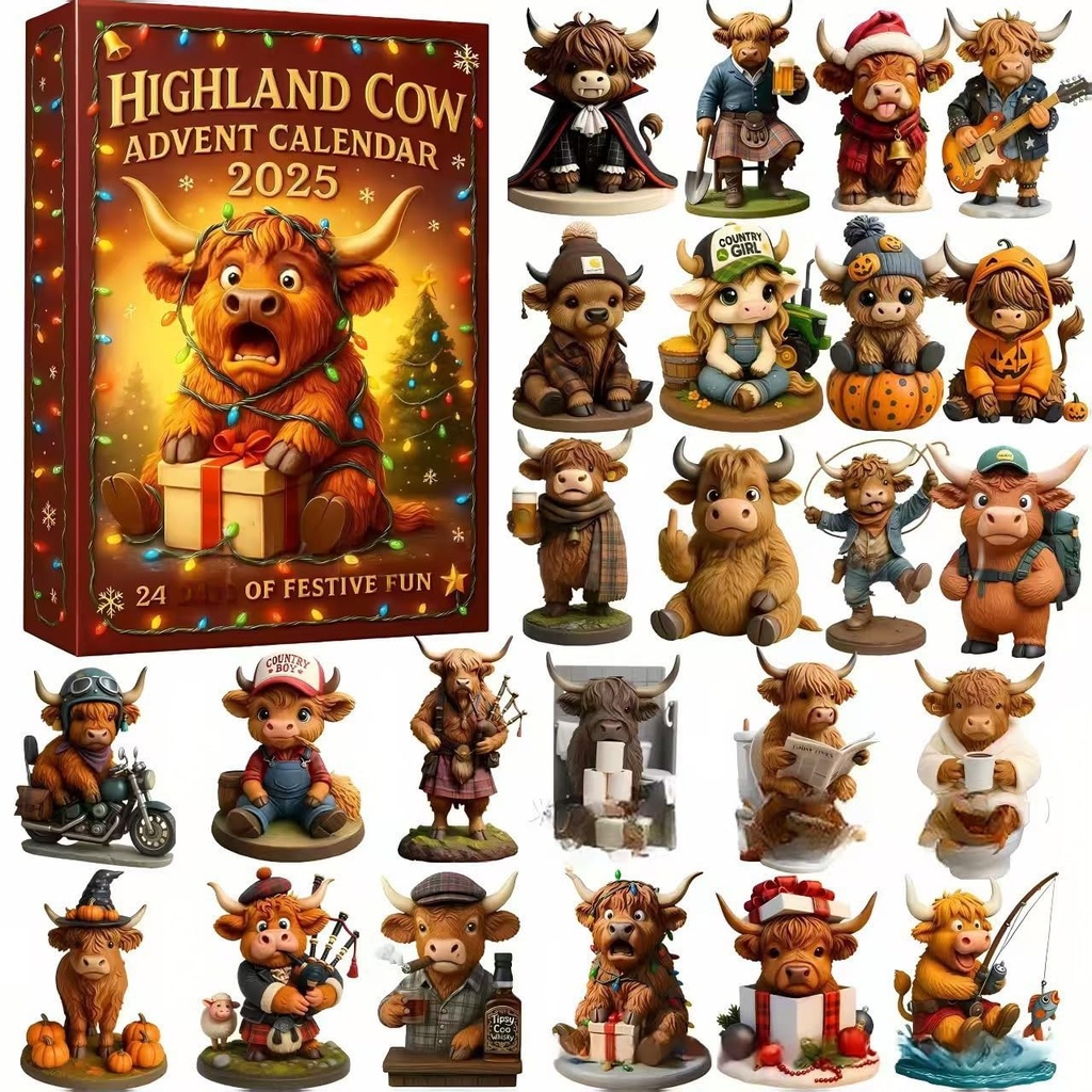 Highland Cow Advent Calendar  24 Days Christmas Countdown Calendar with 24 Pcs Mini Cows
