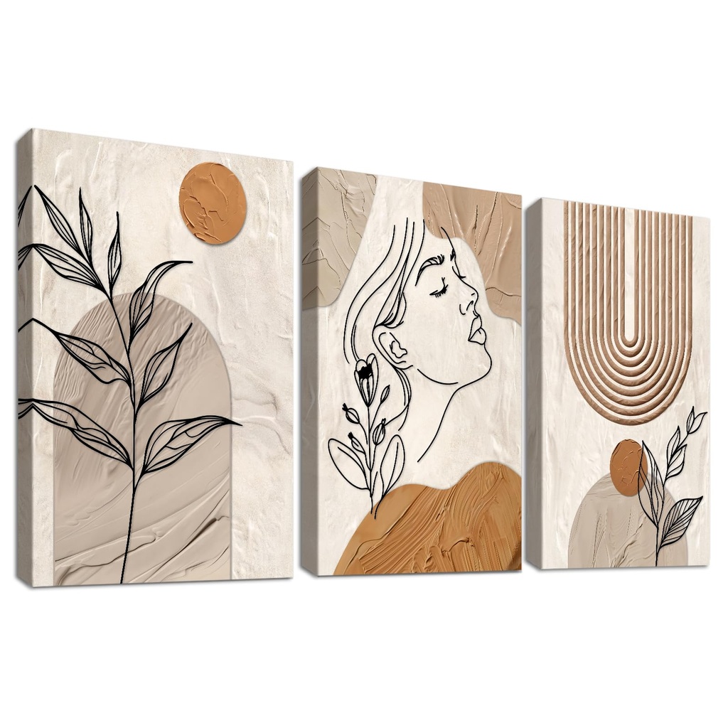 Set of 3 Wooden Framed Bohemian Earth Tone Canvas Wall Art Elegant Abstract Woman Face Pain