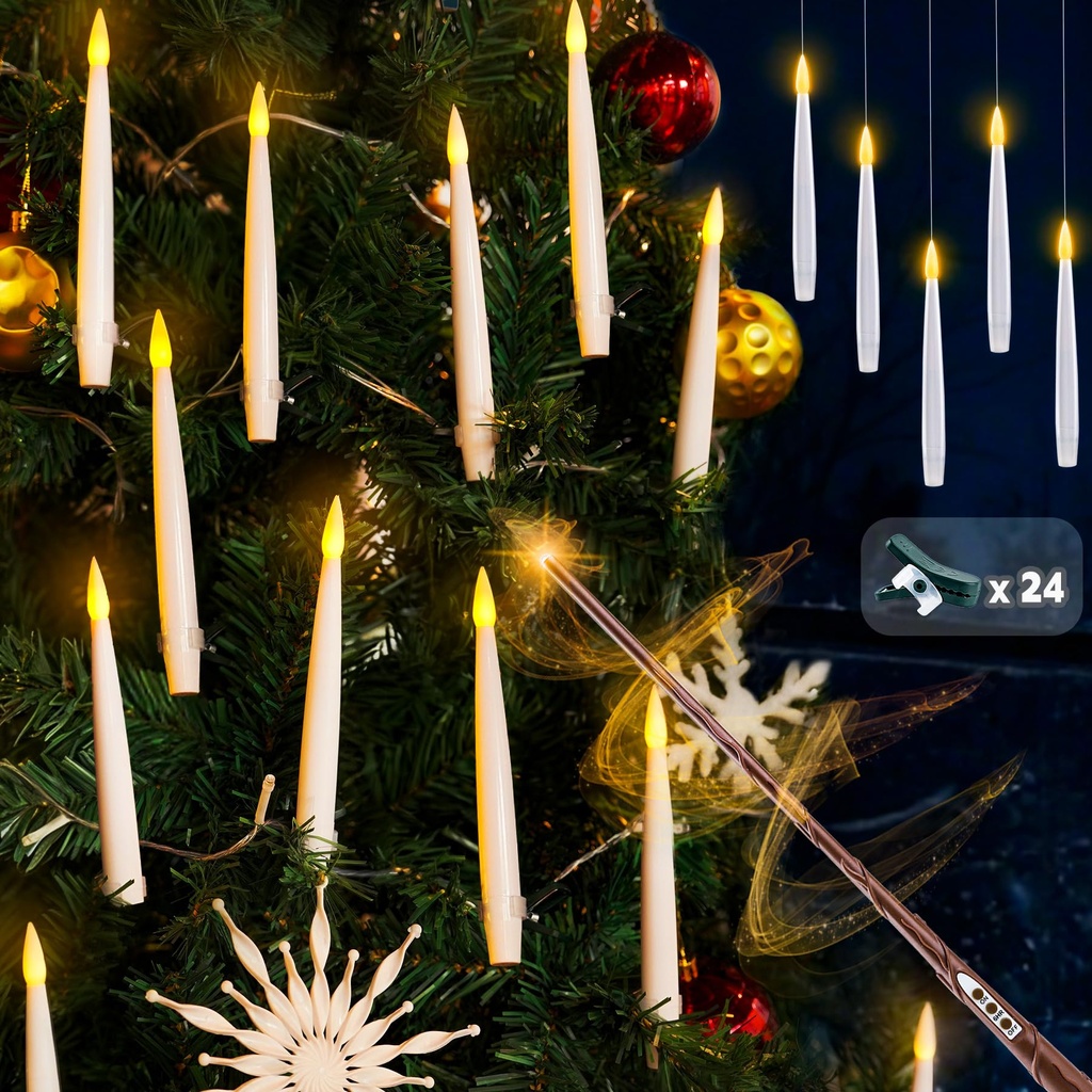 Rhytsing - 12 Pieces Christmas Tree Candles with Glass Hooks and Remote Control, Battery Op