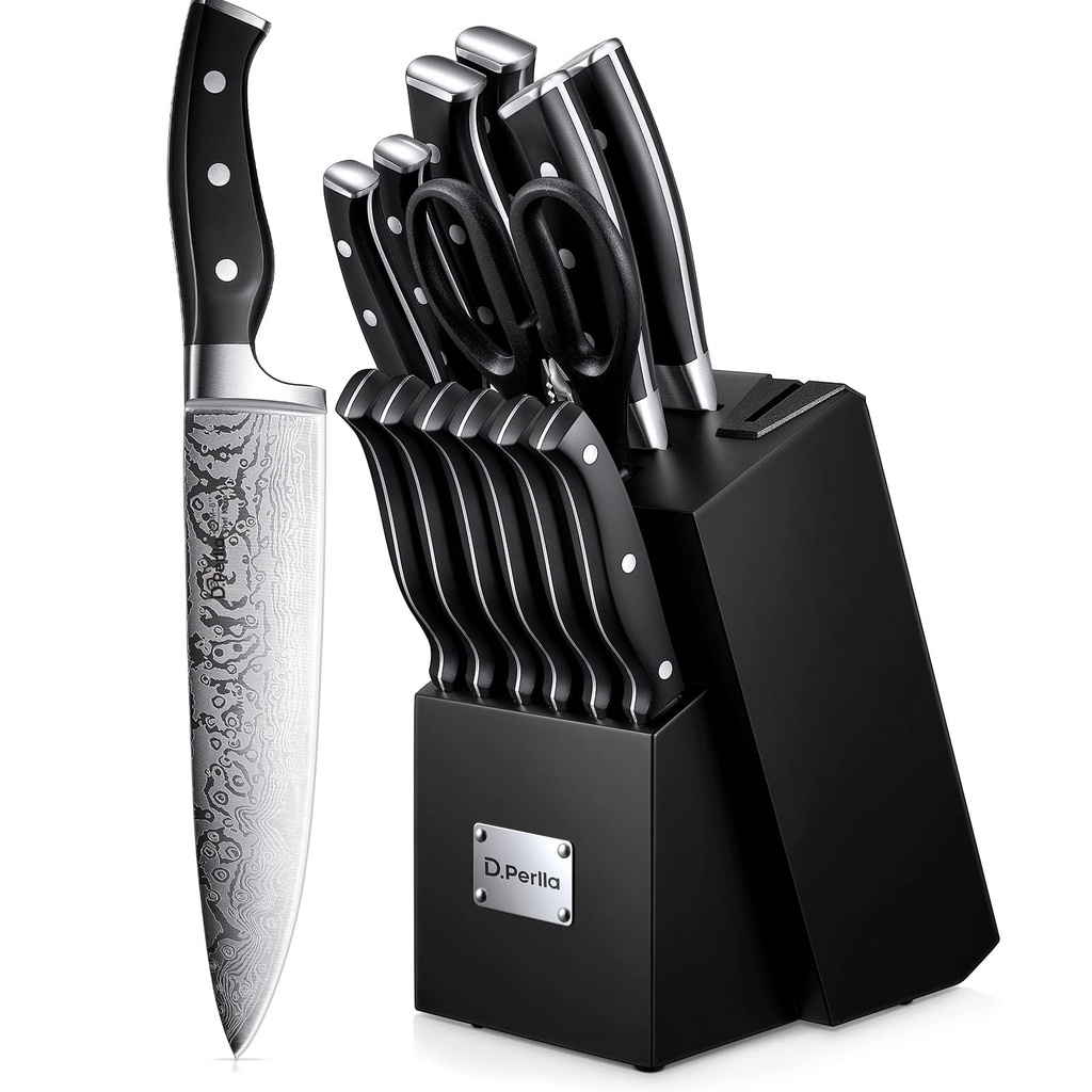 D.Perlla Knife Set, 14 Pieces Kitchen Knife Set with Self Sharpening Wooden Block, German