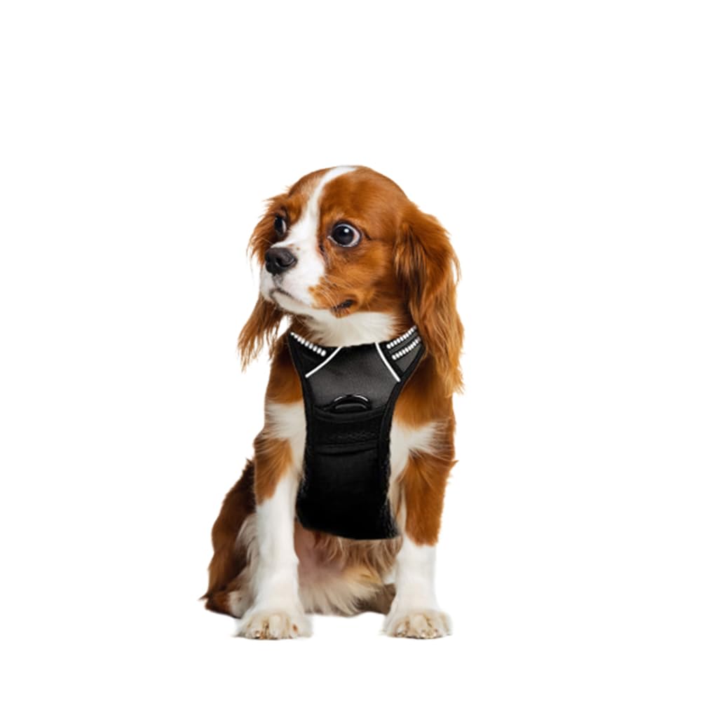FurryWheels Black No Pull Pet Dog Harness with Reflective Strips Breathable Comfortable Adj