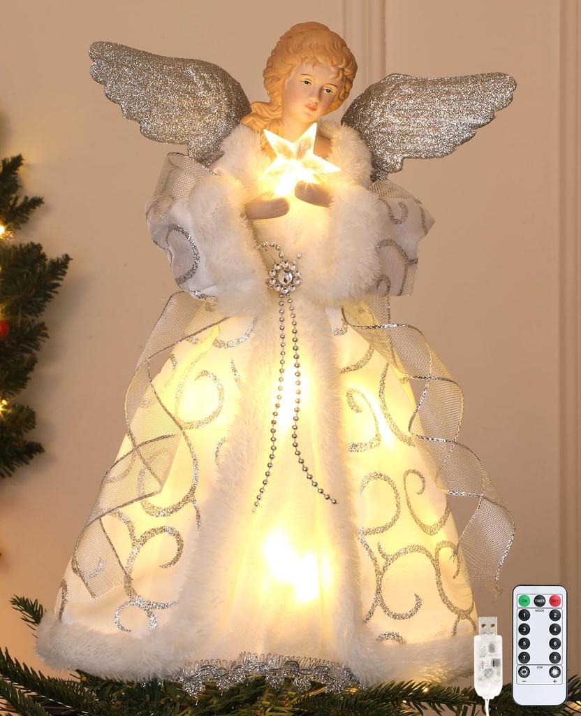 HMASYO Black Christmas Tree Topper Angel with Timer Lights, 32 cm African American Angel Tr
