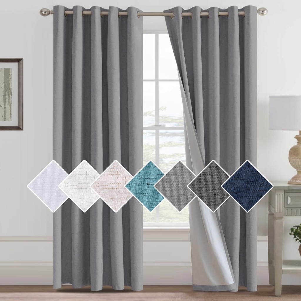 H.Versailtex 100% Grey Curtains for Bedroom with White Liner, Faux Linen Thermal Curtains f