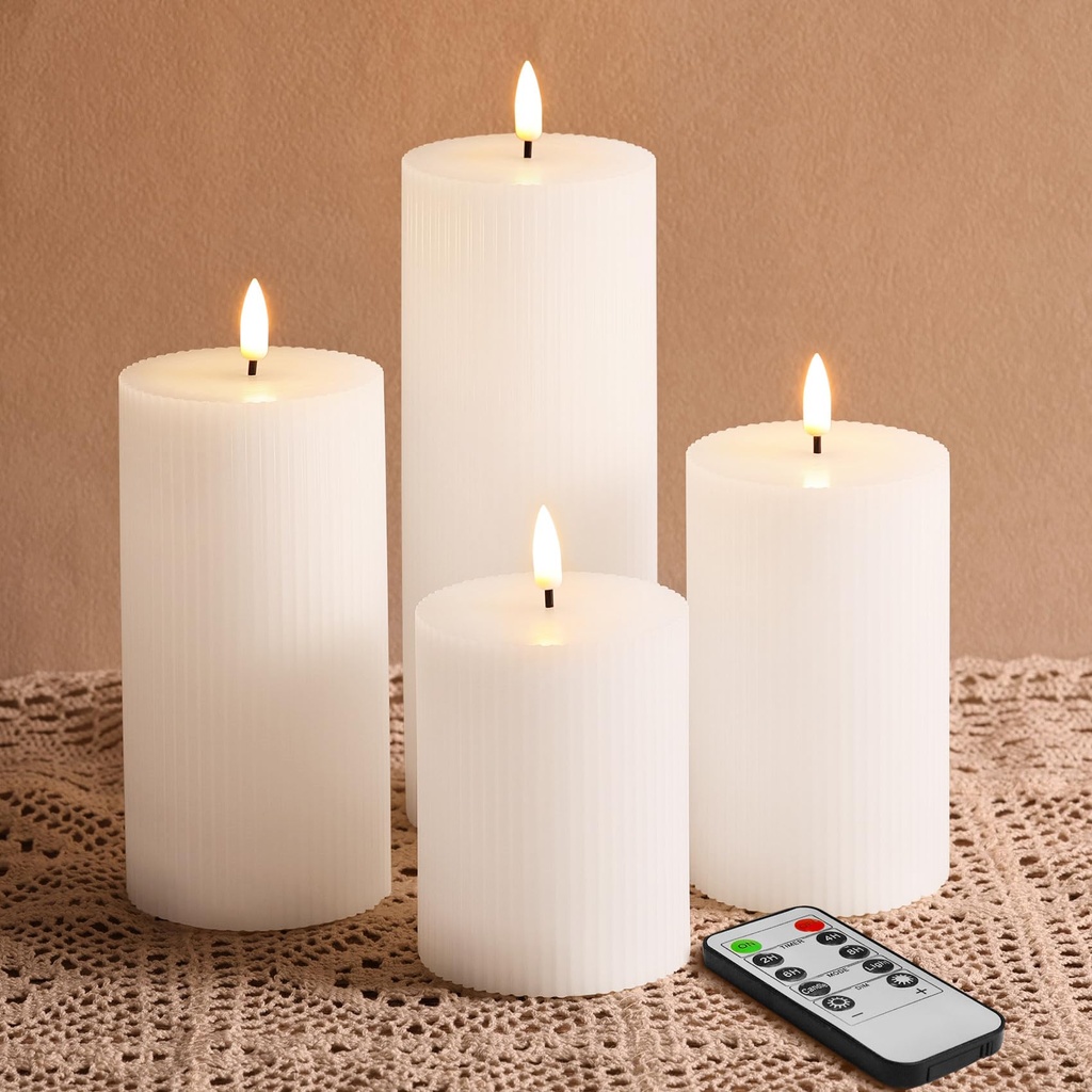 Eywamage White Ribbed Flameless Pillar Candles with Remote, Flickering Tall Battery LED Wax