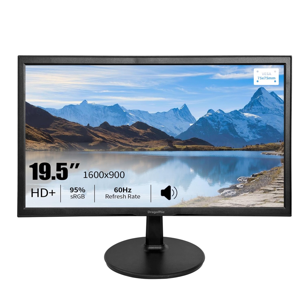 Dragolftie 19.5 Inch PC Monitor 1600x900, Dual Built-in Speakers, 5ms, Computer Screen