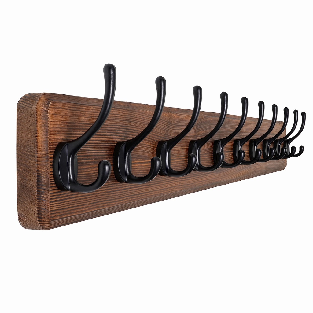 SKOLOO Farmhouse Style Wall Mounted Coat Rack, Pine Solid Wood Coat Hook Hanger - 10 Hooks