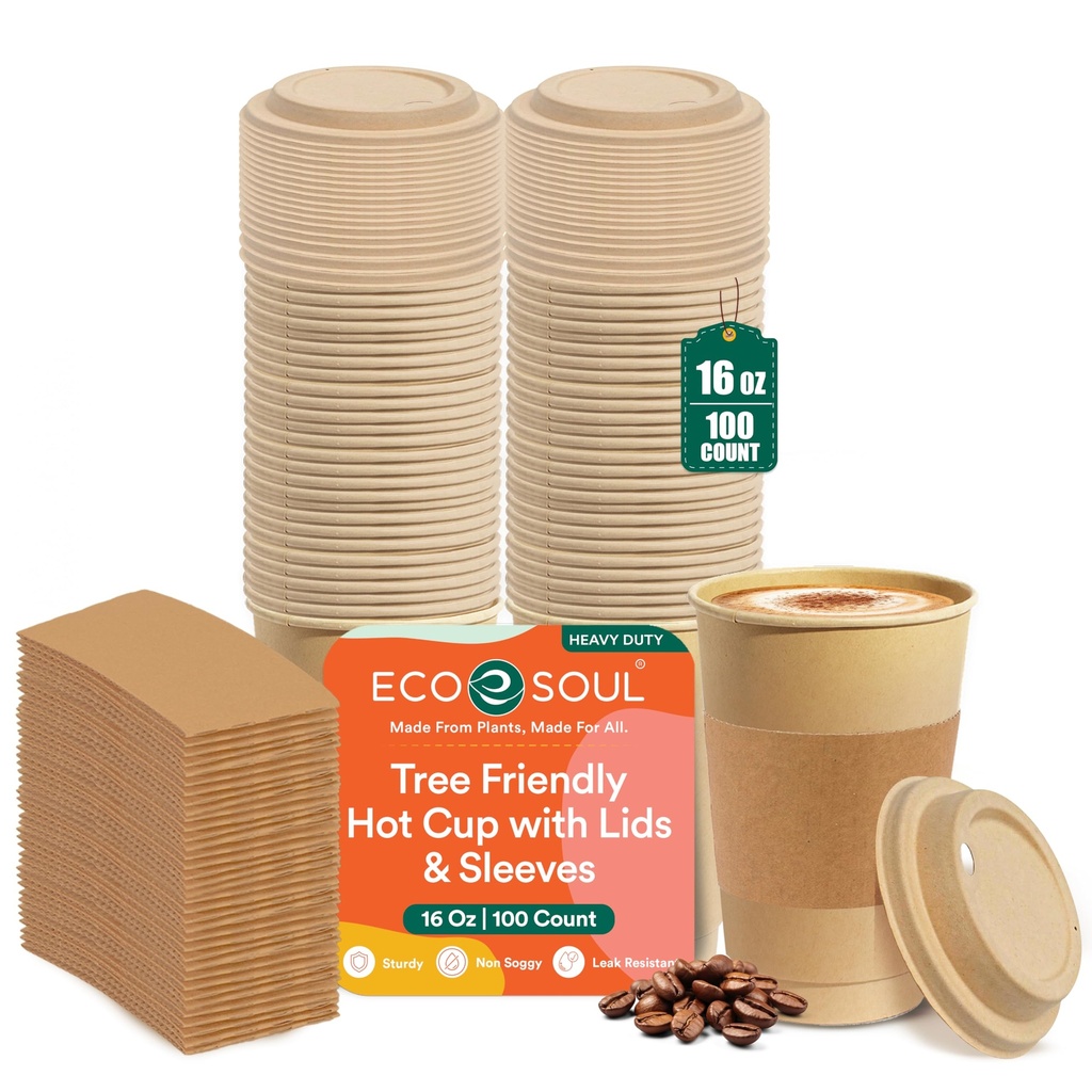 ECO SOUL 100% Compostable Coffee Cups with Lids & Sleeves 473 ml (16 oz), 100 Pack
