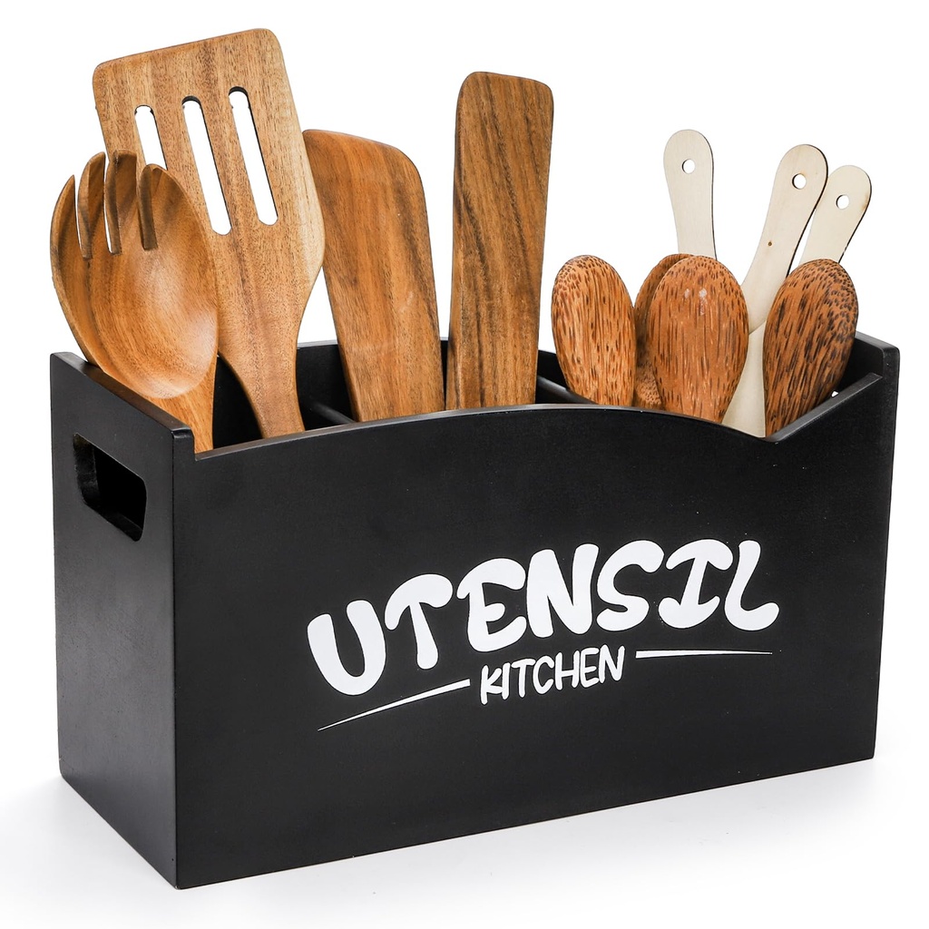 Jucoan Wood Utensil Holder with Removable Drainage Bottom, Large 3 Compartments Farmhouse U