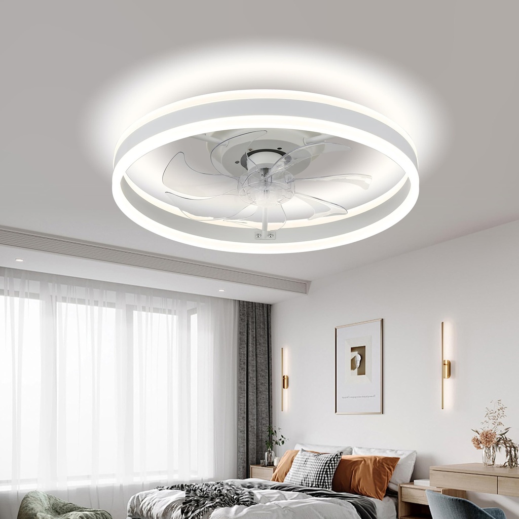 20" Modern Ceiling Fans with Lights, LED Dimmable Flush Mount Ceiling Fan 6 Speeds Bedroom