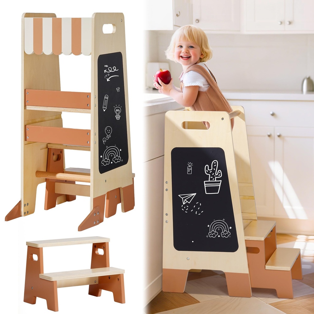 ROBOTIME Wooden Toddler Step Stool with Safety Rail & Blackboard Montessori Kitchen