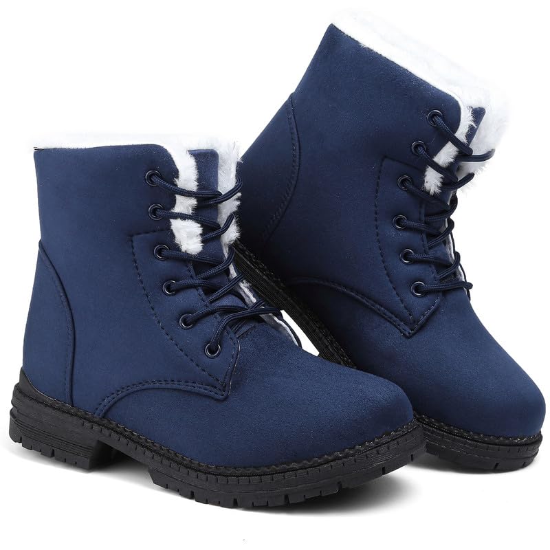 Snow Boots Womens Winter Walking Shoes Cotton Warm Fur Lined Snow Ankle Mid Calf Lace Up Su