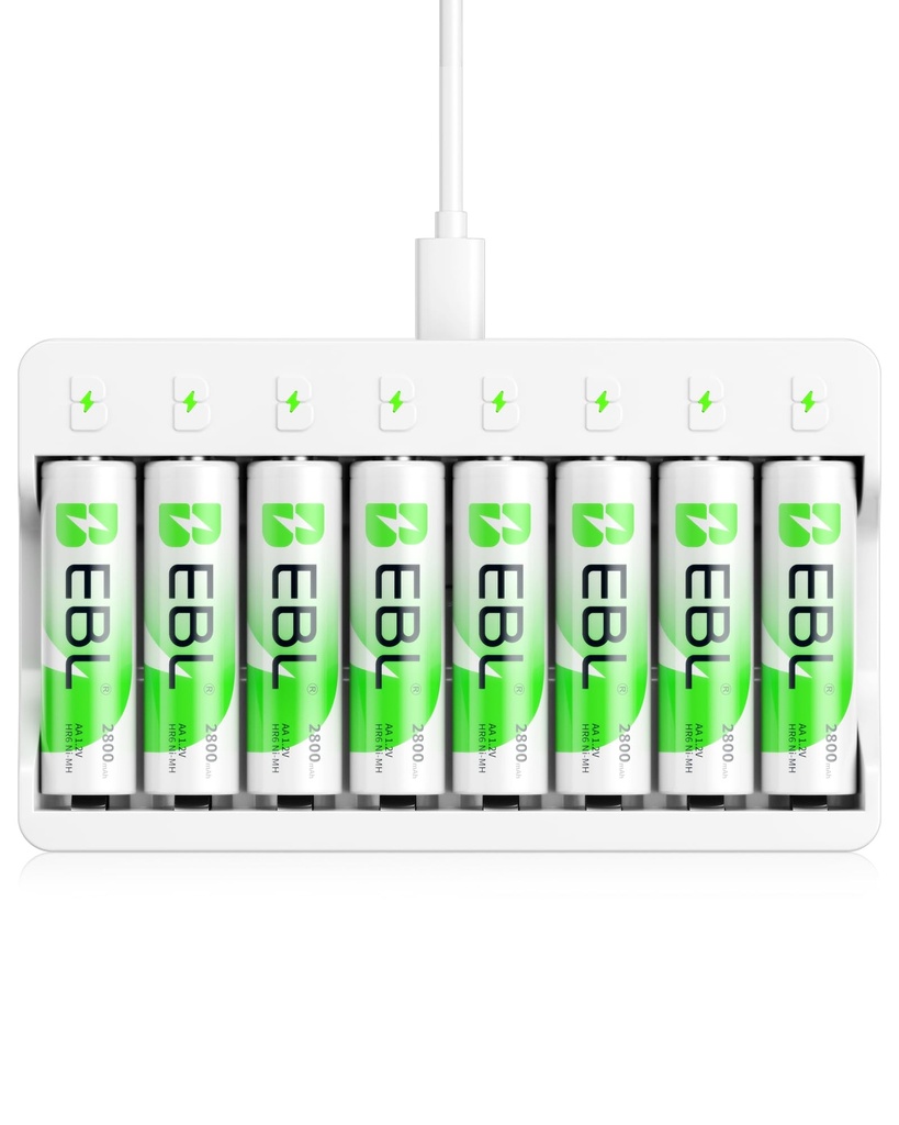 EBL 8 x NIMH 2800mAh AA Rechargeable Batteries with Charger, 8 Slots LED Individual AA Batt