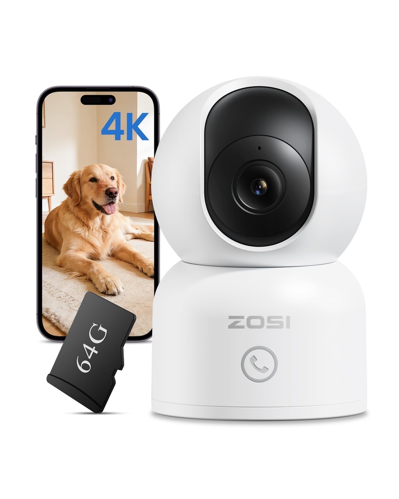 ZOSI 4K Indoor Security Camera, WiFi Pet Camera/Baby Monitor with 64GB Memory Card No Month