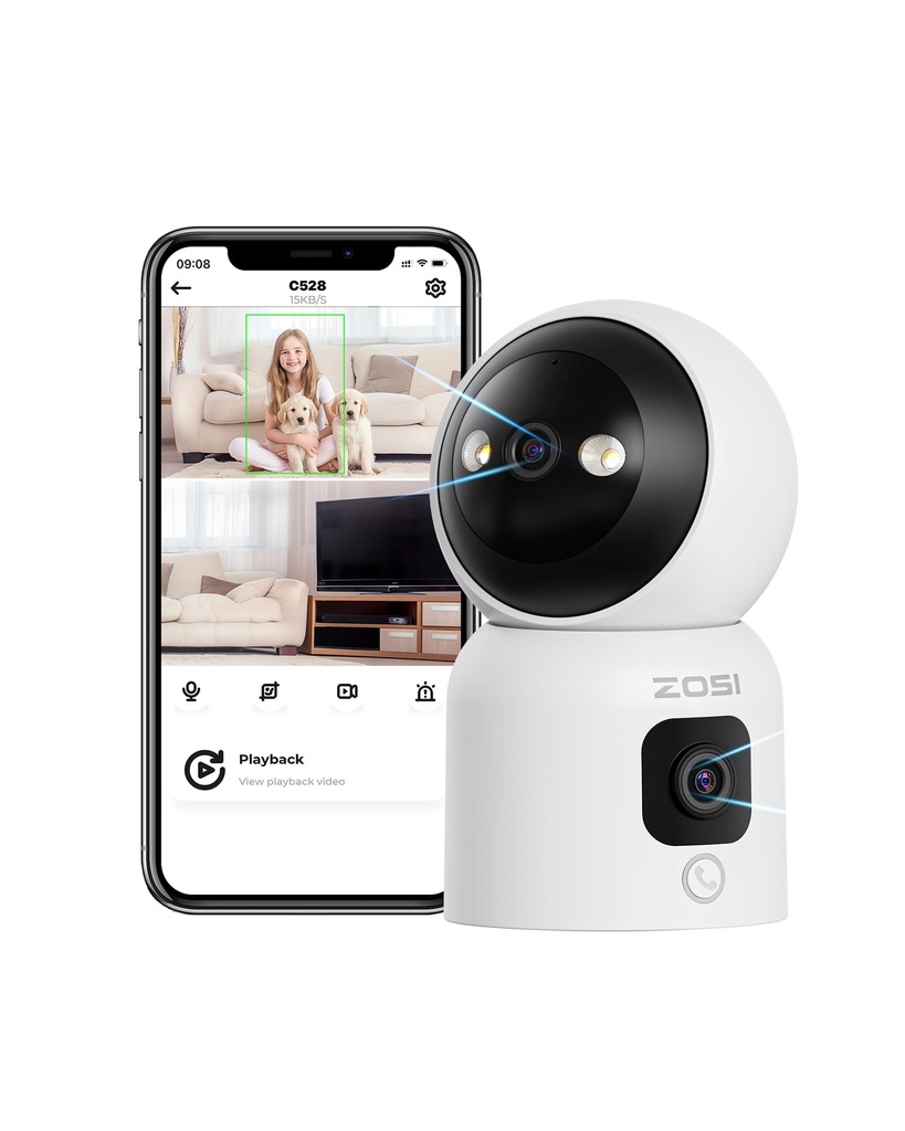 ZOSI 2-in-1 2K Indoor WiFi Camera, 360?? Dual-Lens Dual Views Home Security Baby/Elder/Pet