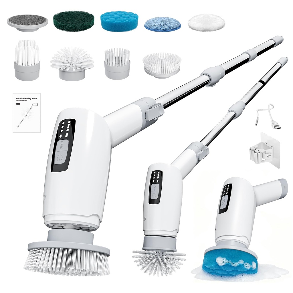 Cleangor Electric Spin Scrubber, Cordless Cleaning Brush Shower Scrubber with 9 Replaceable