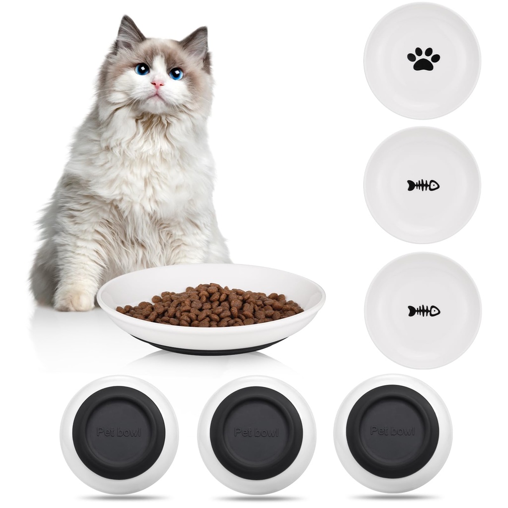 Hejo 3PCS Ceramic Cat Bowls, 5.9in Non-Slip Flat Design Pet Feeding Dishes - Cat Food Plates