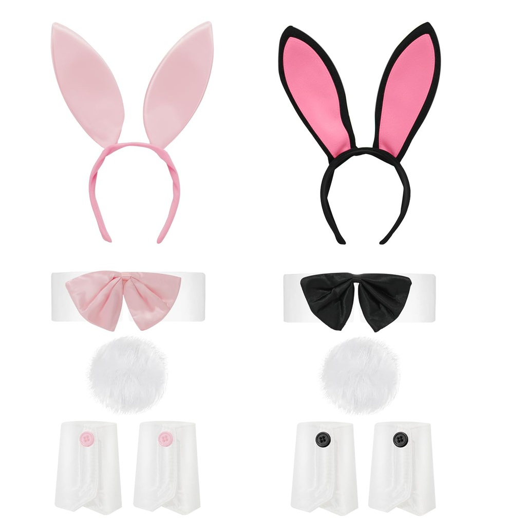 2PACK Bunny Costume Accessories Rabbit Ears Tail Collar Bow Tie Cuffs for Adult Women Men E