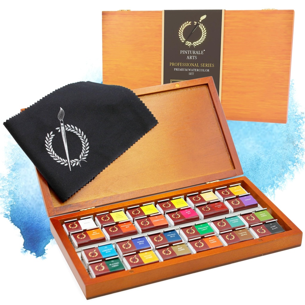 Pinturale Arts Professional Watercolour Paint Set | 24 Large Colours + Wooden Box + Cloth |