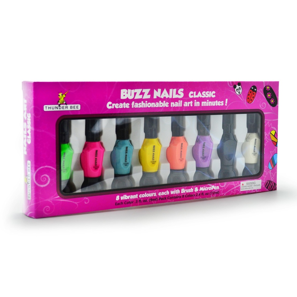 Thunder Bee Buzz Nails Classic, 8 Vibrant Nail Polish Colors Set with Brush and MicroPen, D