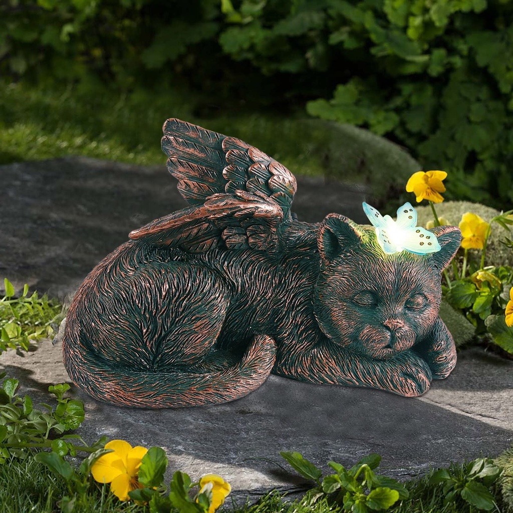 Goodeo Cat Angel with Glowing Butterfly Memorial Pet Statue Garden Decor,Sleeping Cat Solar