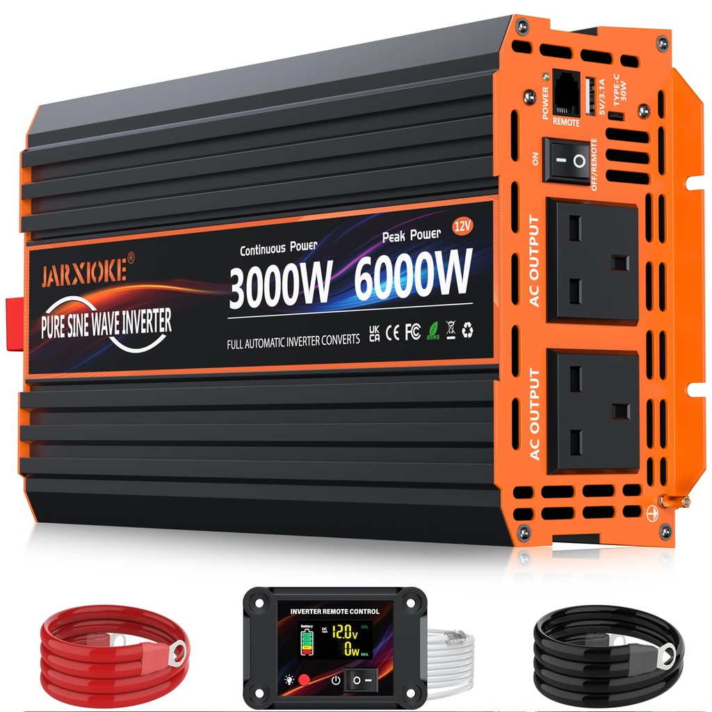 3000W Pure Sine Wave Power Inverter DC 12V to AC 240V with 2 UK Sockets, 30W Type-C, 5V 3.1